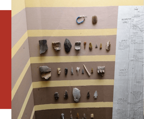 A display of artifacts arranged in rows to show a site stratigraphy. Top layer  to lowest layer.